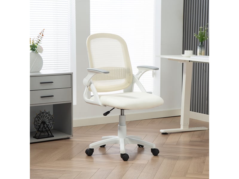  Chaise de bureau ergonomique pivotante en maille respirante, avec accoudoirs rabattables et soutien lombaire, blanche  - Conforama D