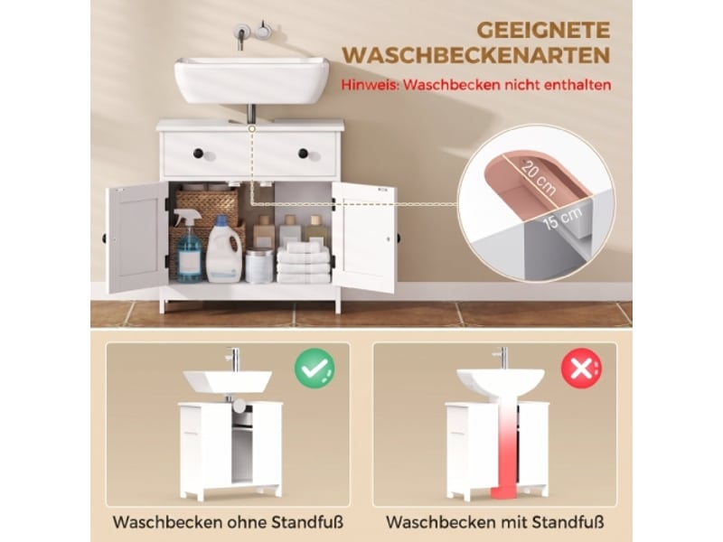  Meuble sous lavabo blanc moderne avec 1 tiroir, 2 portes et charnières à fermeture douce, indépendant  - Conforama E