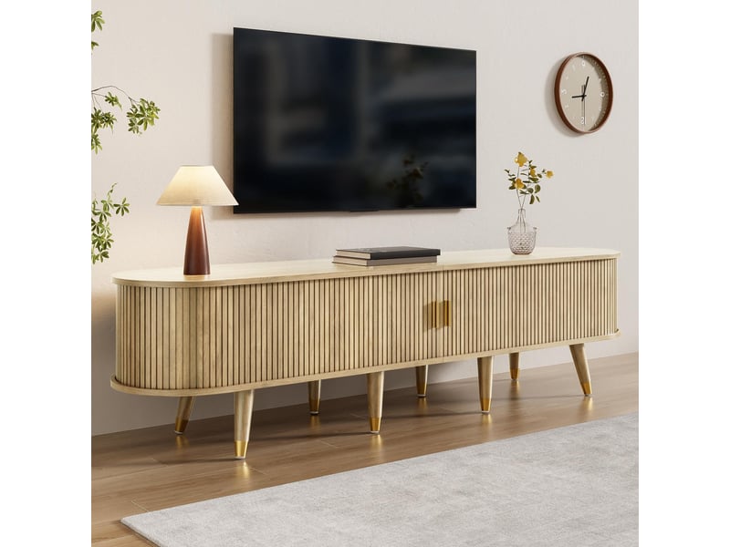  Meuble tv - 175x38x45cm - banc tv avec portes coulissantes à lattes, 2 tiroirs &amp; pieds embouts dorés - bois naturel  - Conforama B