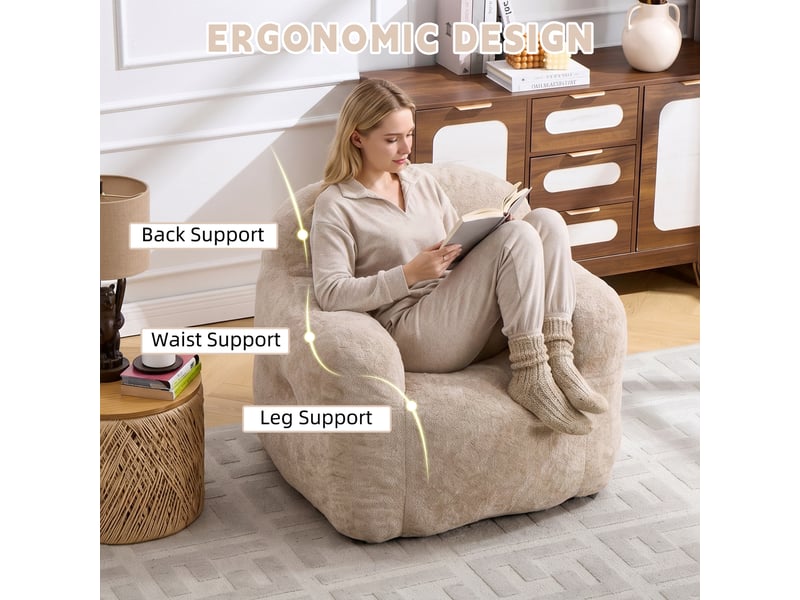  Pouf en fausse fourrure avec accoudoirs, sans assemblage, salon chambre lecture, beige  - Conforama C