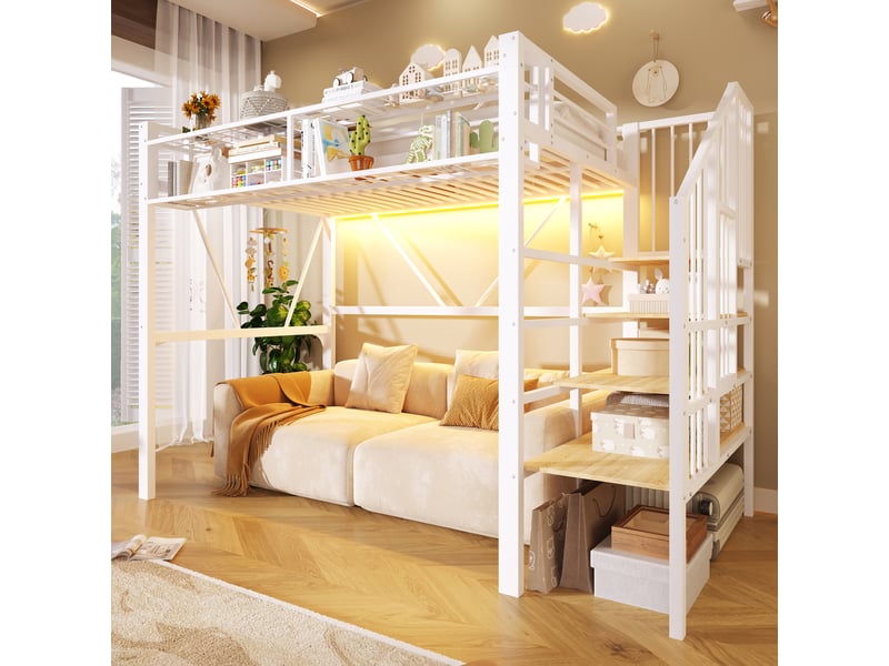 Lit mezzanine enfant 90x200 cm avec étagères en gradins, lit surélevé avec panneaux grillagés, panier de rangement, espace ouvert et led, blanc OPULERANE TRADING LTD - Conforama B