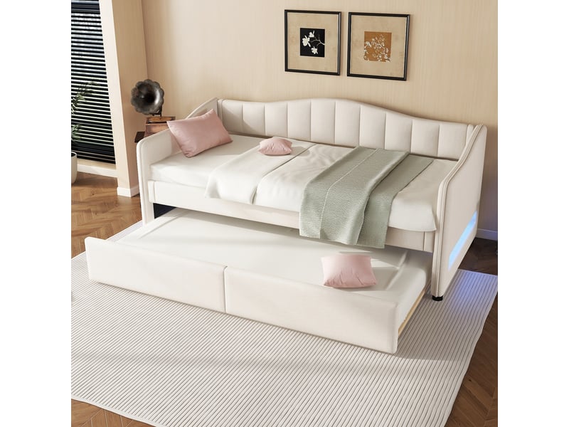  Canapé-lit 90x200cm, couchage extensible, lumière d'ambiance, sans matelas, beige, lin  - Conforama D