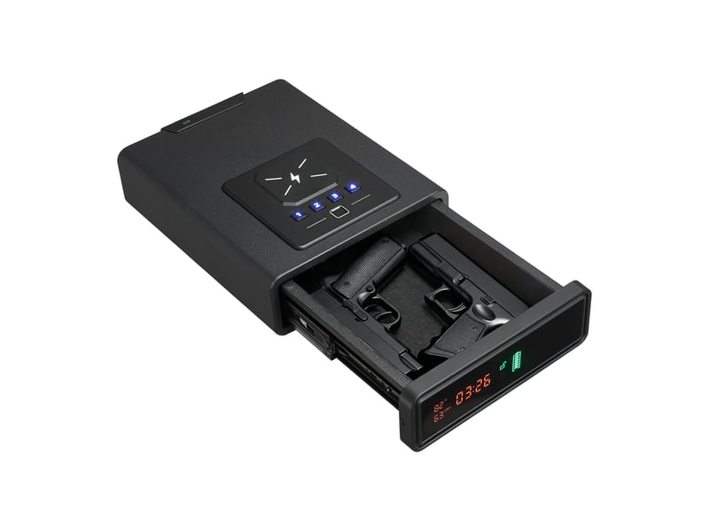  Vevor coffre-fort pour 2 pistolets 2 chargeurs, coffre pour armes de poing verrouillable, 3 facons d’acces empreinte digitale, mot de passe et cles, avec ecran, chargement sans fil, pour table bureau  - Conforama A