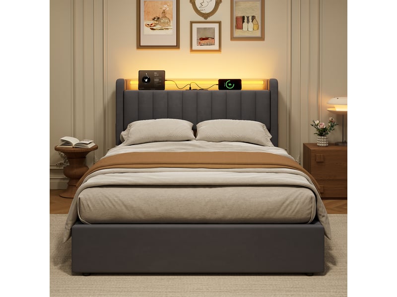  Lit coffre 140x190 cm avec led et usb gris foncé evryae  - Conforama C