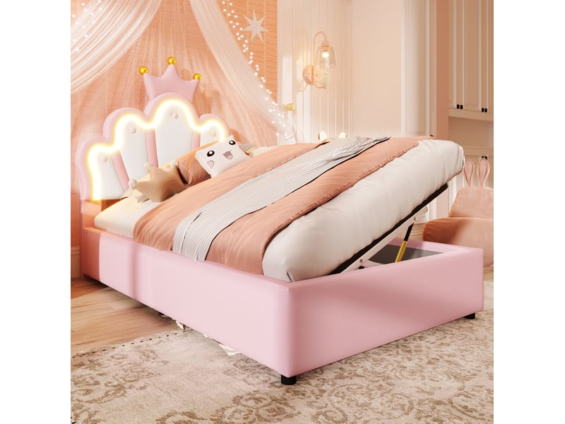 Lit enfant 90 x 200 cm rose et blanc avec led et rangement hydraulique - Conforama D