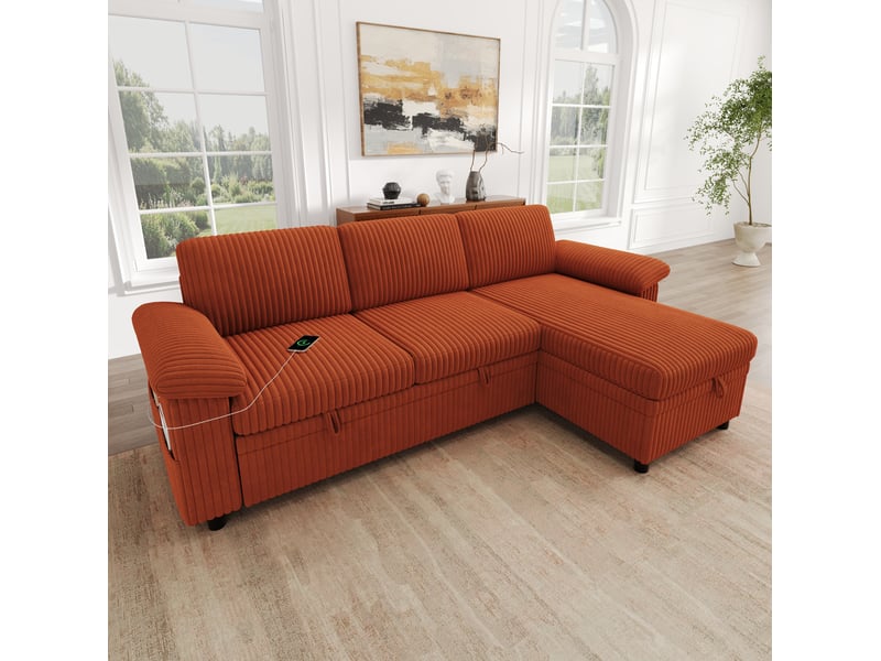  Canapé d’angle convertible modenvie 3 places avec méridienne réversible, coffre de rangement, usb type-c, velours côtelé orange 214 x 138,5 x 89 cm  - Conforama B