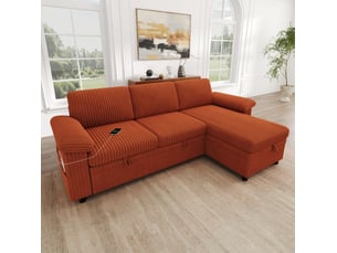 Canapé d'angle réversible convertible <strong>MODENVIE</strong> <strong></strong> 3 places Velours côtelé orange avec coffre de rangement