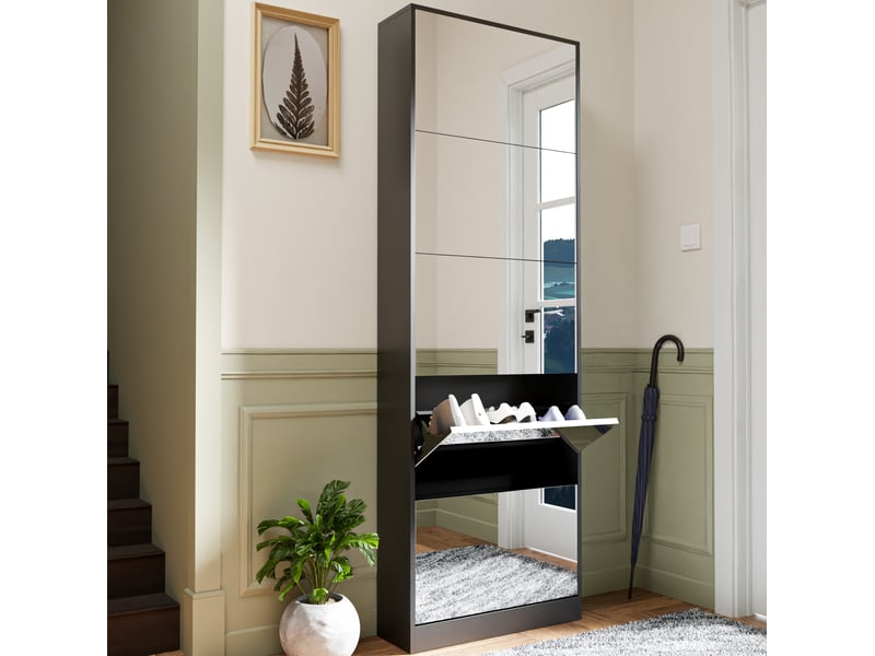  Meuble à chaussures avec miroir 63 x 19,6 x 185 cm noir en mdf, 5 compartiments abattants pour entrée  - Conforama B