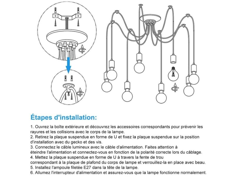  Éclairage suspendu edison 2mètres réglable plafonnier araignée métal fil cage pendentif lustre moderne industriel (ampoule non inclus) (3 bras)  - Conforama C