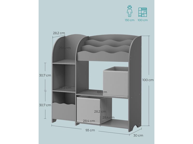  Étagère de rangement pour enfants bibliothèque 30 x 93 x 100 cm avec 2 boîtes de rangement ambiance cosy en panneau d'aggloméré gris tourterelle 12_0011691  - Conforama B