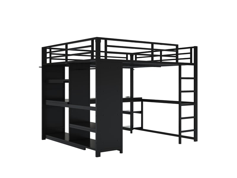  Lit mezzanine gaming en métal 160 x 200 avec éclairage led, bureau, penderie ouverte et compartiments de rangement, noir  - Conforama E