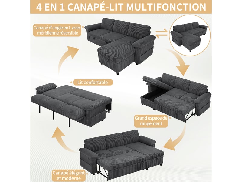  Canapé d'angle réversible convertible 3 places tissu gris coffre de rangement  - Conforama E