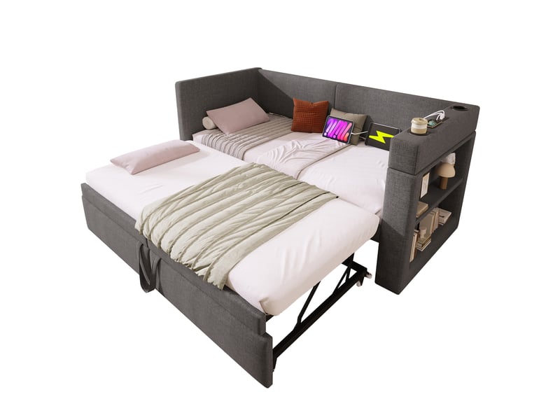  Lit de jour rembourré 90x200 cm avec lit gigogne, usbtype-c, gris, sans matelas  - Conforama A