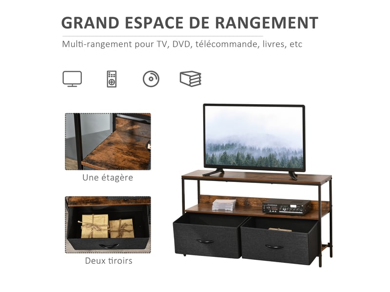  Meuble tv bas sur pieds style industriel 2 tiroirs en tissu gris mdf marron rustique et noir métal  - Conforama E