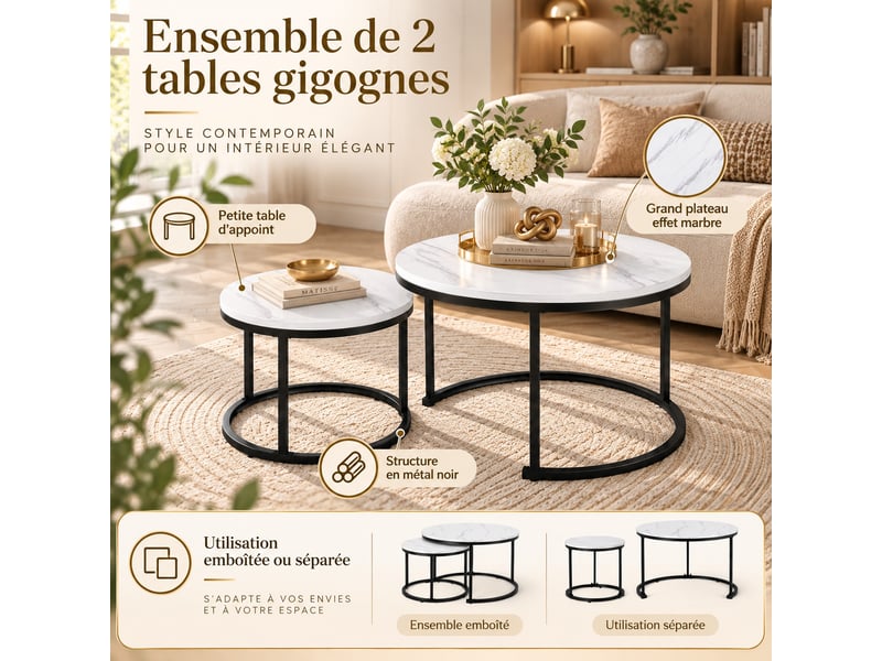  Lot de 2 tables gigognes rondes effet marbre blanc en mdf et métal, ø 50 x h 70,5 cm et ø 45,5 x h 44 cm  - Conforama D
