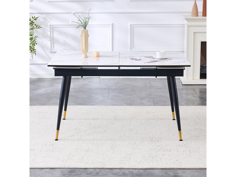  Table à manger, extensible, 140-200 cm, table vendue seule, en céramique et métal, coloris noir et doré, pour maison et appartement  - Conforama A