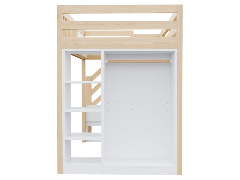 Lit mezzanine 90 x 200 cm blanc et bois, en pin et mdf, bureau led, prises et escalier de rangement - Conforama E