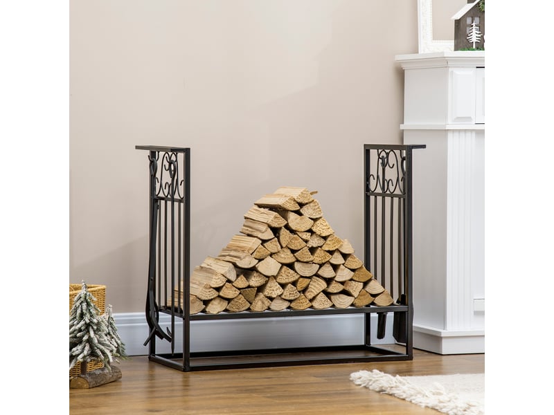  Porte-bûches surélevé en acier noir, 4 outils de cheminée, 75 x 30 x 60 cm  - Conforama D