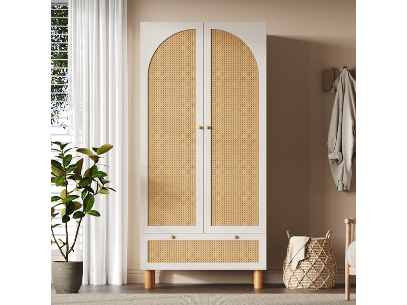  Armoire chambre 85x52x180 cm - penderie 2 portes, cannage rotin, 1 tiroir, étagères réglables, style campagne blanc  - Conforama B