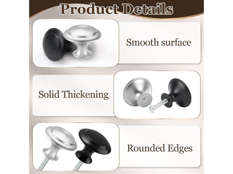  Lot de 24 tireurs argent et noir de 27 mm à un seul trou, poignées en acier inoxydable pour portes et tiroirs avec tournevis  - Conforama A