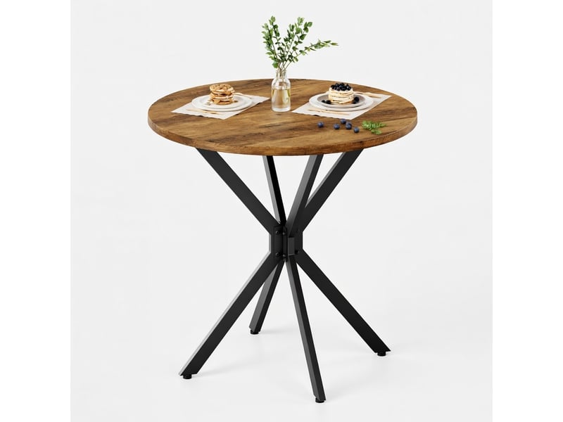 Table ronde de style rustique, avec pieds en x, diamètre 80 cm, finition marron et noir, pour cuisine, salon, bureau, balcon ou café - Conforama A
