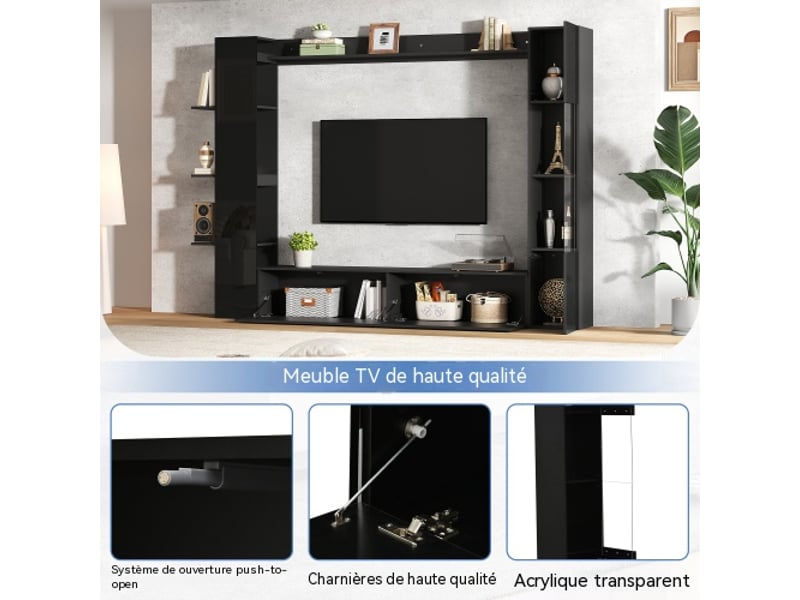  Ensemble meuble tv mural noir brillant avec vitrine, étagères et grands espaces de rangement  - Conforama E