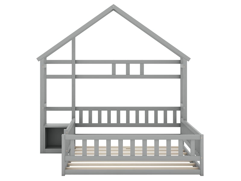  Lit cabane enfant 140x200, lit au sol avec barrière, lit gris avec table de chevet en bois massif pour chambre d'enfant.  - Conforama R