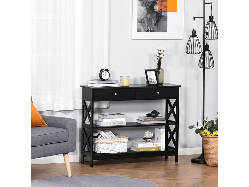  Table de console table d'entrée style table de drapier néo-rétro 2 tiroirs 2 étagères dim. 100l x 30.5l x 80h cm mdf noir  - Conforama C