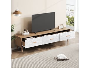 Meuble tv avec 3 tiroirs de rangement pour salon 150×39×35 cm en panneaux de particules blanc et bois clair
