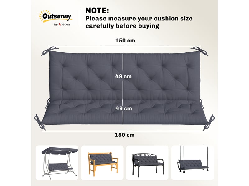  Coussin de banc 3 places avec dossier polyester gris foncé 150 x 98 x 8 cm  - Conforama C