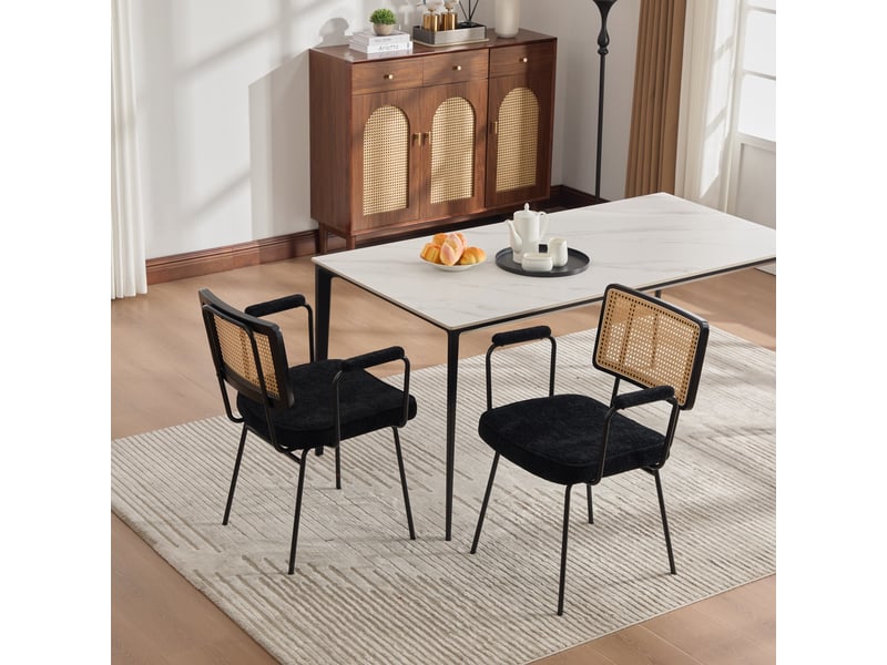  Lot de 2 chaises de salle à manger, chaise noire avec accoudoirs, dossier aspect rotin et pieds en métal  - Conforama E