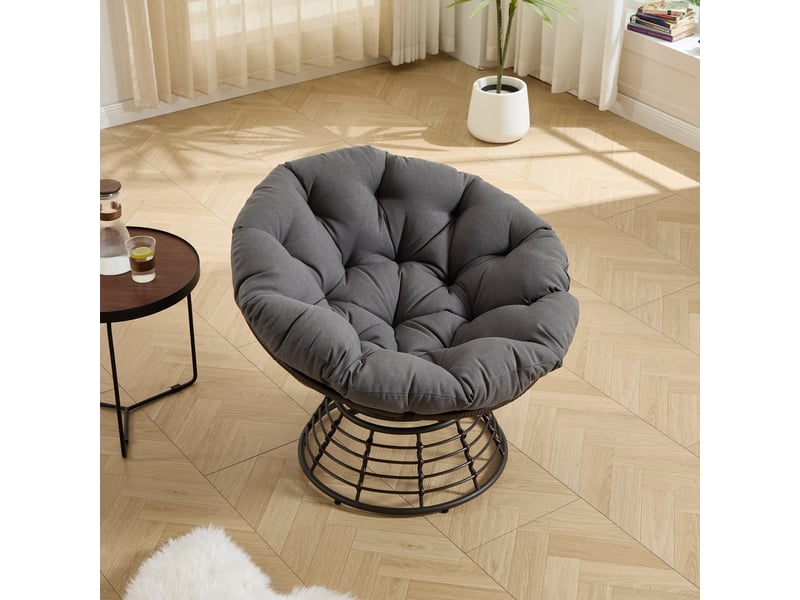  Fauteuil papasan en rotin marron pivotant 360° avec coussin gris épais  - Conforama E