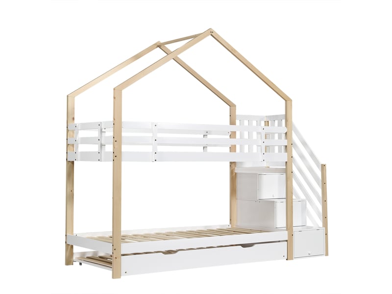  Lit superposé, lit cabane extensible, lit coulissant, escalier avec 3 tiroirs, lit enfant avec protection antichute et barrière de lit, avec sommier à lattes, naturel + blanc (90x200cm &amp; 90x190cm)  - Conforama D