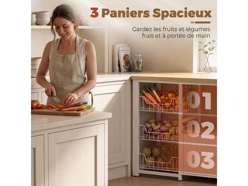  Meuble de rangement cuisine avec 3 paniers et placard blanc 100 x 35 x 80 cm  - Conforama E