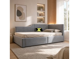 Lit banquette 90 x 190 cm en velours gris avec rangement hydraulique, liseuse et usb-c