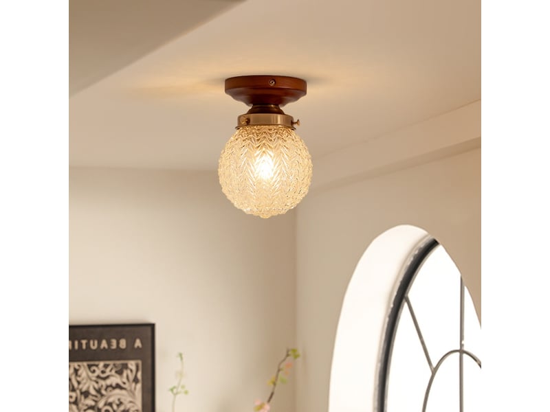  Luminaire plafonnier abat-jour en verre et base en bois  15x20cm  - Conforama C