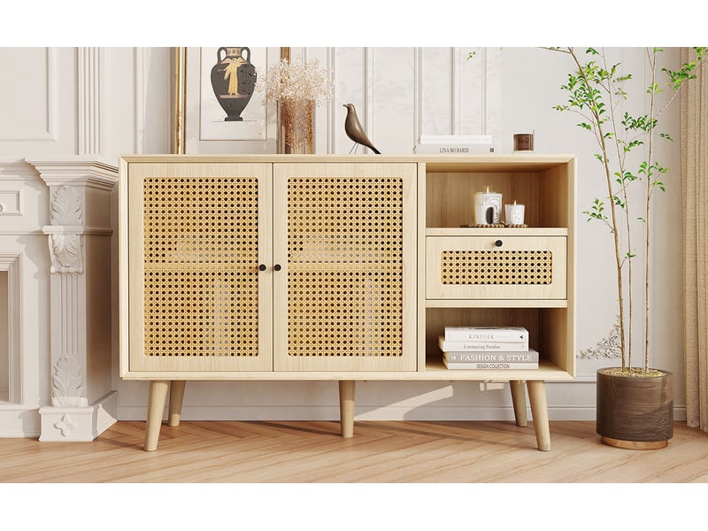 Buffet 120cm avec 1 tiroir et 2 portes magnétiques en rotin tressé avec poignées en métal noir - Conforama E