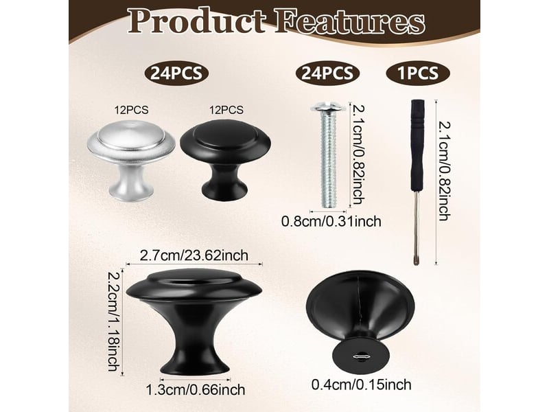  Lot de 24 tireurs argent et noir de 27 mm à un seul trou, poignées en acier inoxydable pour portes et tiroirs avec tournevis  - Conforama B