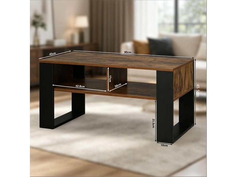  Table basse avec 2 compartiments ouverts 90x45x45 cm en bois noir et brun rustique  - Conforama E