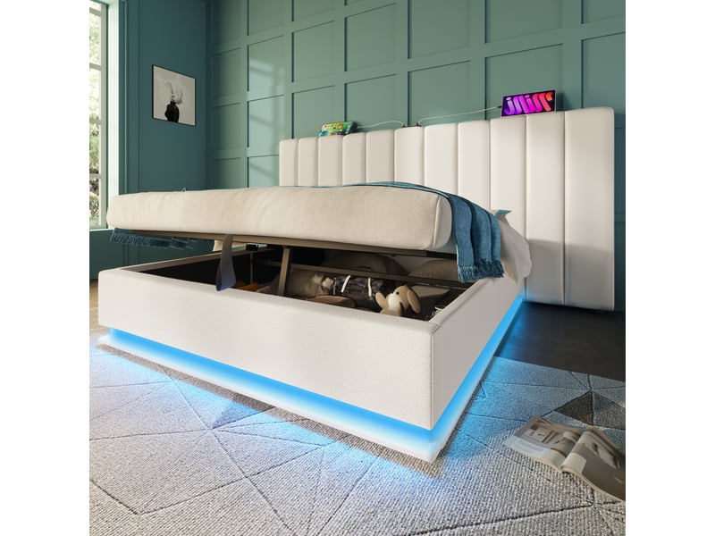  Lit double avec coffre 180x200 cm, éclairage led, ports usb et sommier à lattes, pu blanc  - Conforama D