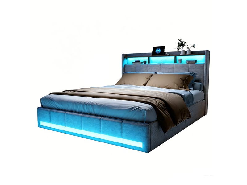  Lit avec rangement 140x190 cm en cuir pu avec led, prises usb et sommier à lattes – matelas non inclus  - Conforama A
