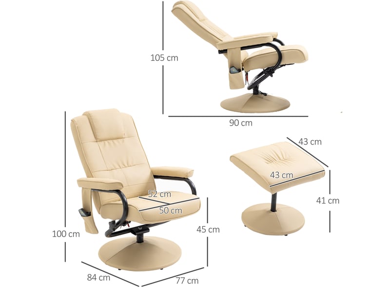  Fauteuil relax massant 77x84x95 cm – blanc crème – dossier inclinable, rotation 360° et repose-pieds  - Conforama C