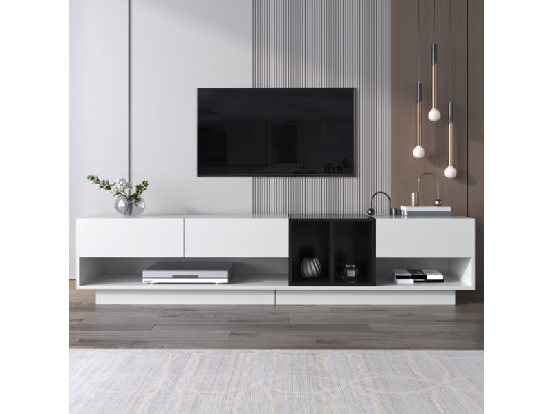 Meuble tele haut lowboard blanc laqué brillant et noir, design color block avec tiroirs et rangements multiples - Conforama B