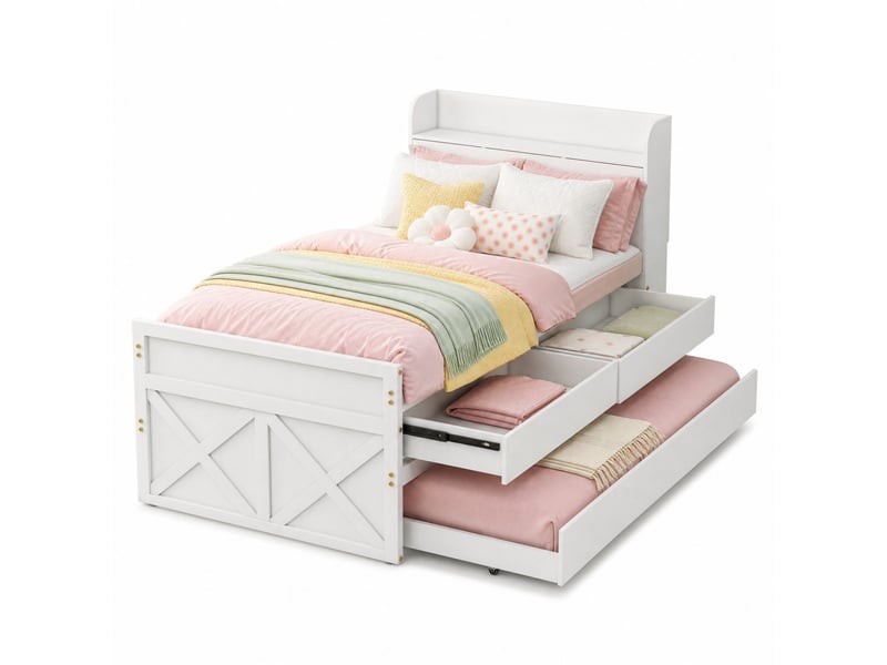 Lit gigogne 190×90 cm avec 2 tiroirs, chevet de rangement et port usb, avec sommier, sans matelas, en bois massif blanc - Conforama A