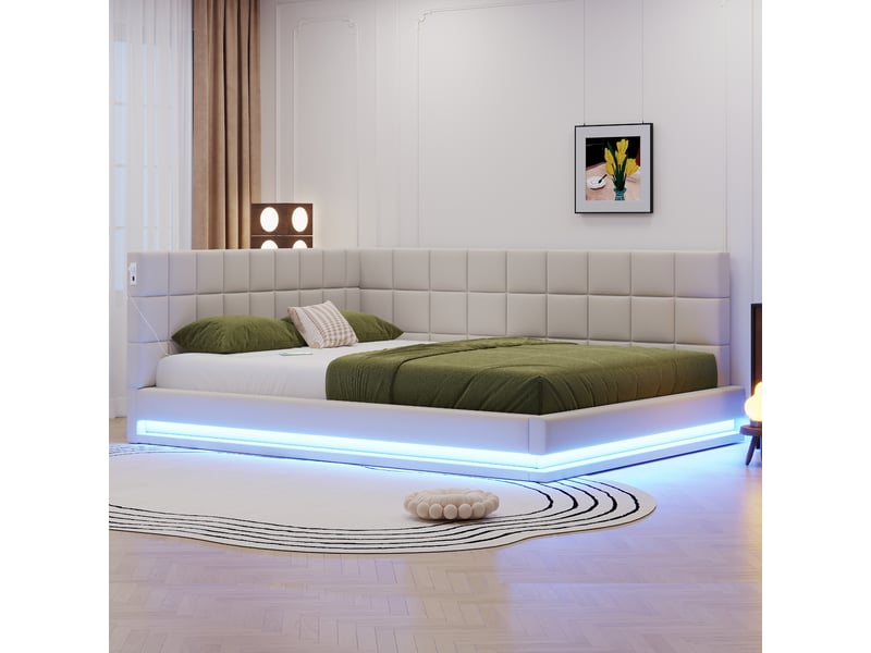  Lit capitonné et canapé-lit 160x200 cm en lin beige, éclairage led, port usb et lattes, sans matelas  - Conforama E