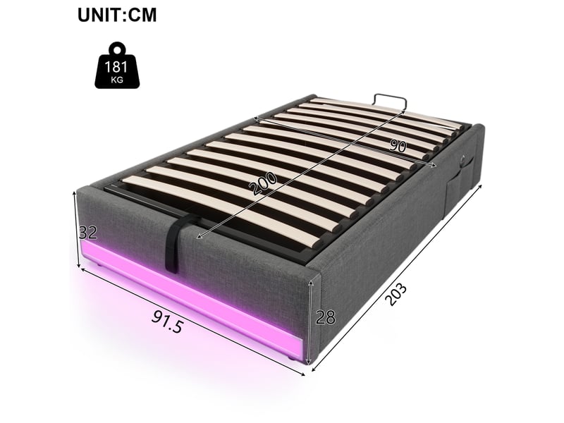  Modenvie lit coffre 90x200 cm - avec led multicolore, ports usb et usb-c, rangement hydraulique - gris  - Conforama C