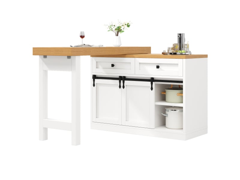 Îlot de cuisine pivotant 360° avec portes coulissantes – style grange – 120–197 cm – 2 tiroirs – étagères réglables – blanc - Conforama D