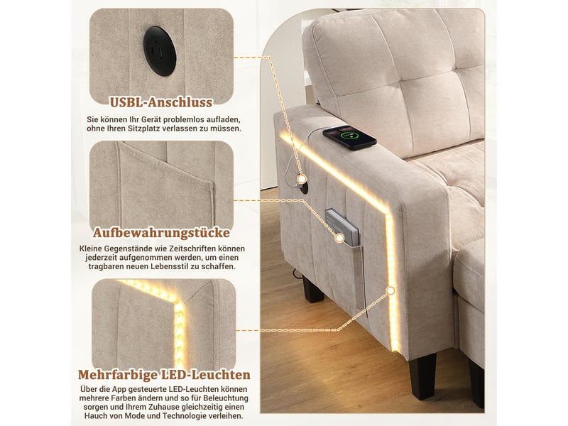 Canapé d’angle modulable 3 places 185x135x85 cm avec méridienne, pouf coffre mobile, éclairage led, canapé convertible port usb et rangement - beige - Conforama E