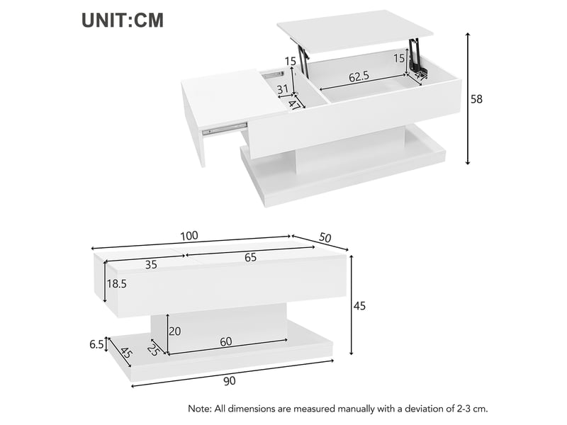  Table basse plateau relevable, table basse avec led et rangement, 100x50x45 cm, panneaux de particules, table basse blanc laqué.  - Conforama C
