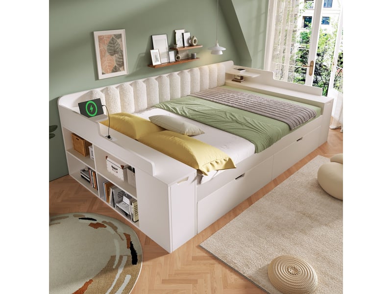  Lit banquette 140x190 cm avec 2 tiroirs, rangements, chariot, étagère latérale, usbtype-c, dossier sherpa blanc, sans matelas, bois  - Conforama D
